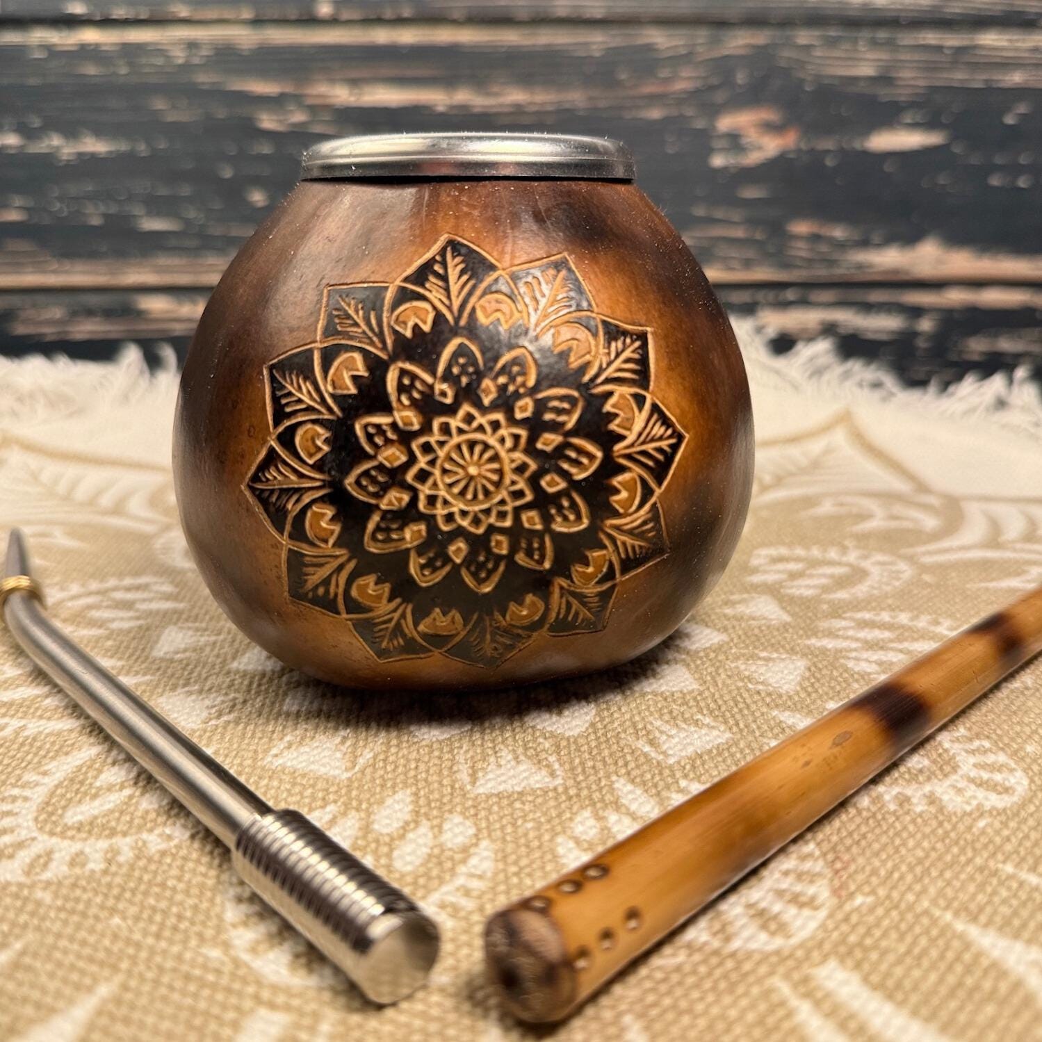 Yerba Mate Gourd Set – 400ml with Mandala Engraving