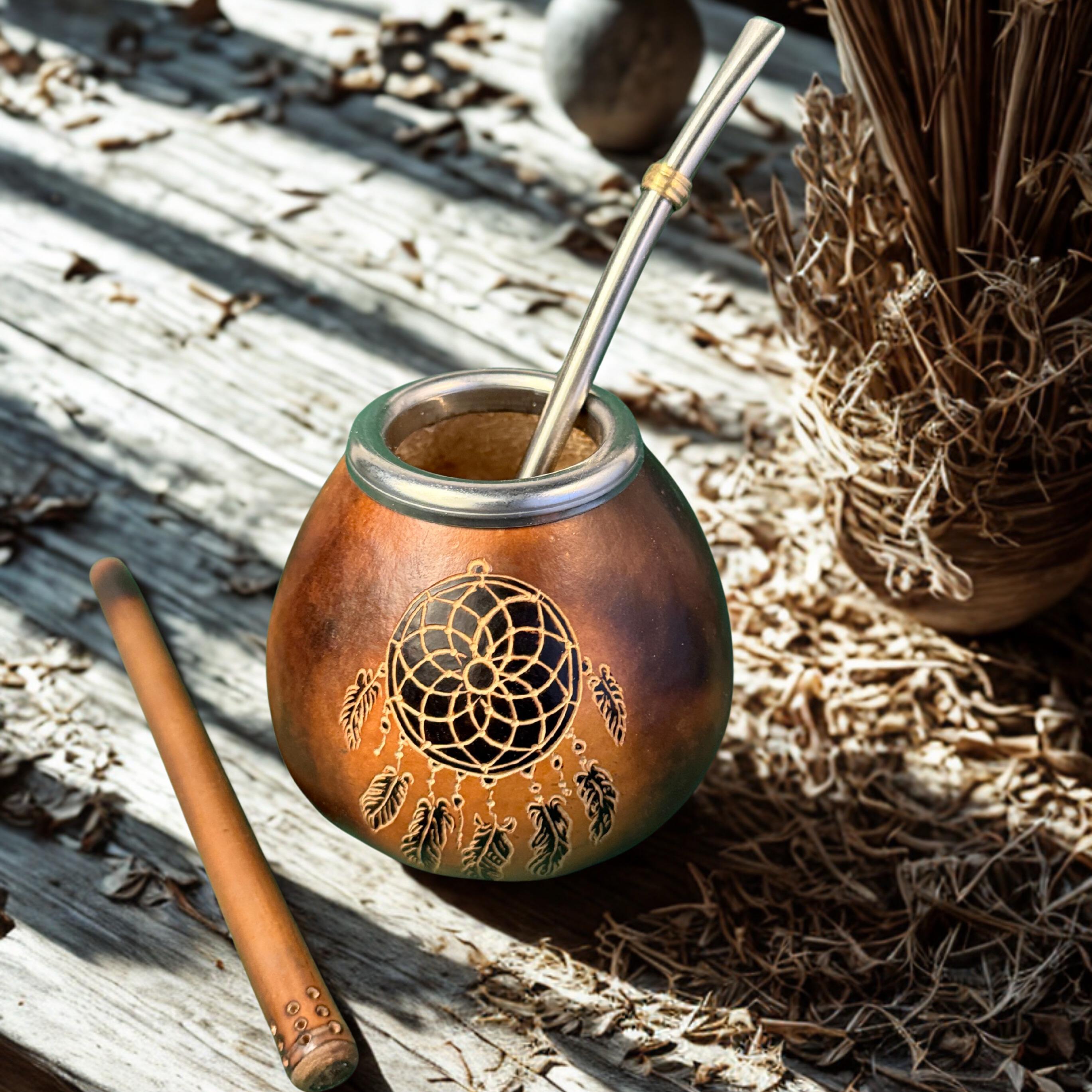 Handmade Yerba Mate Gourd Set – 400ml  with Dreamcatcher Engraving