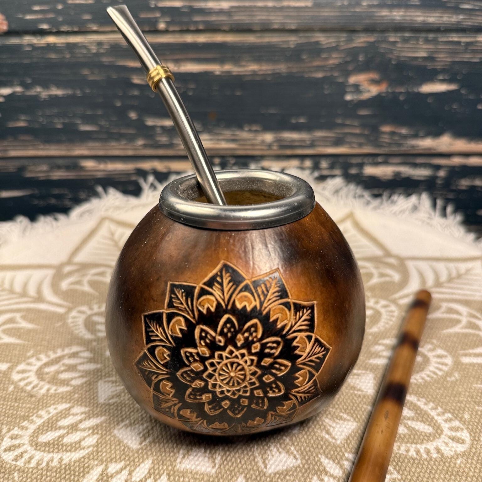 Yerba Mate Gourd Set – 400ml with Mandala Engraving