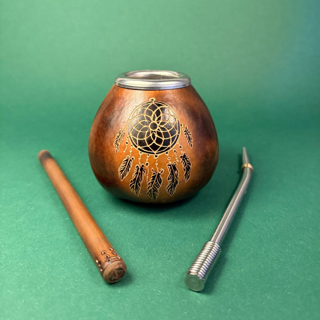 Handmade Yerba Mate Gourd Set – 400ml  with Dreamcatcher Engraving