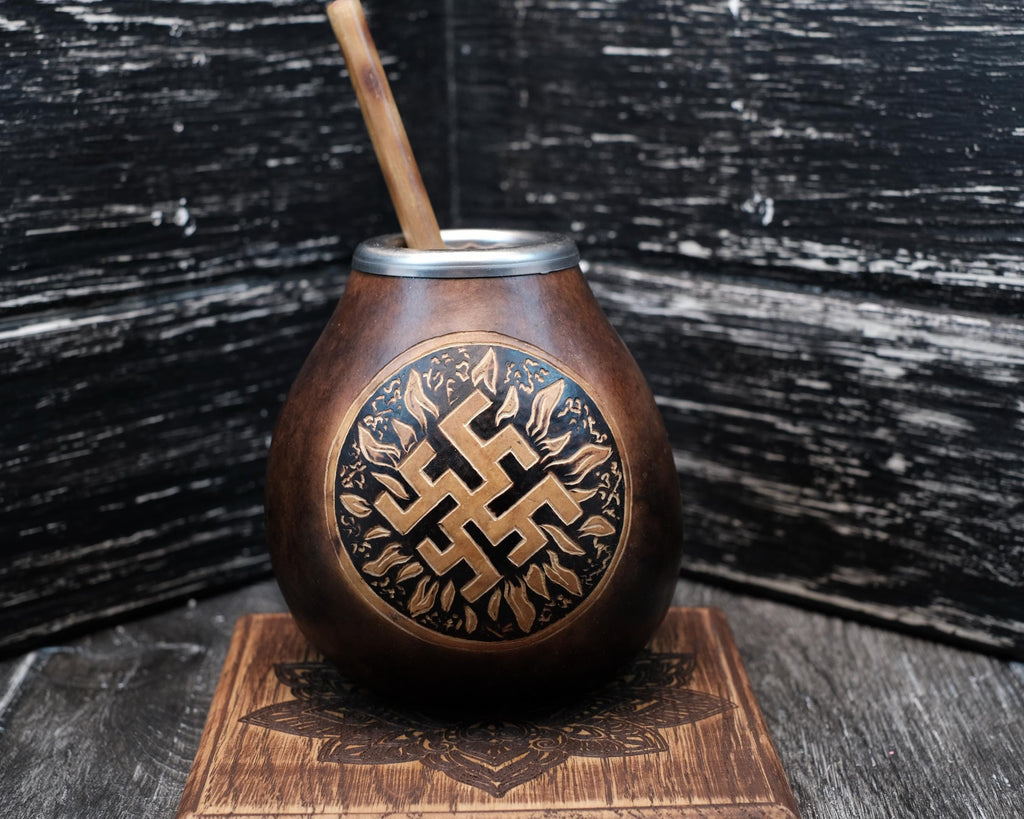 Handcrafted 400ml Calabash Mate Gourd with Slavic Kolovrat Symbol