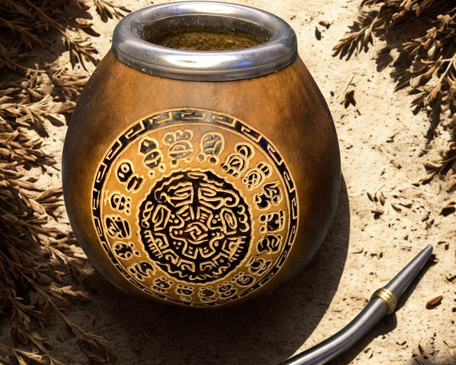Calabash Mate Cup with Calendar Mandala Engraving