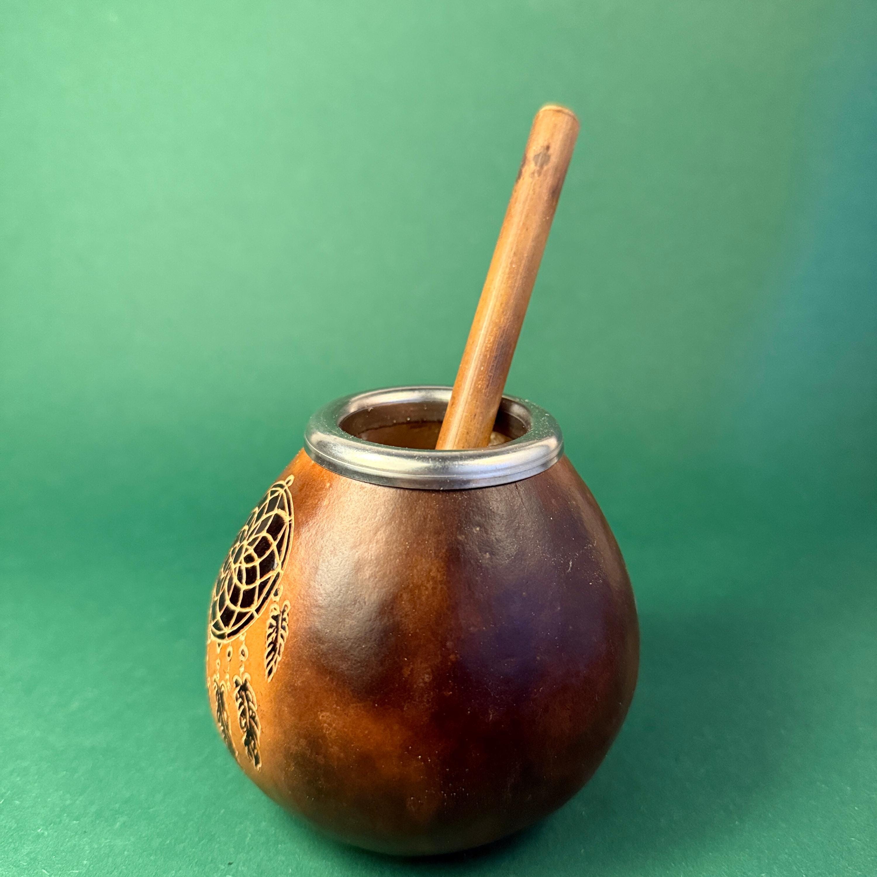 Handmade Yerba Mate Gourd Set – 400ml  with Dreamcatcher Engraving