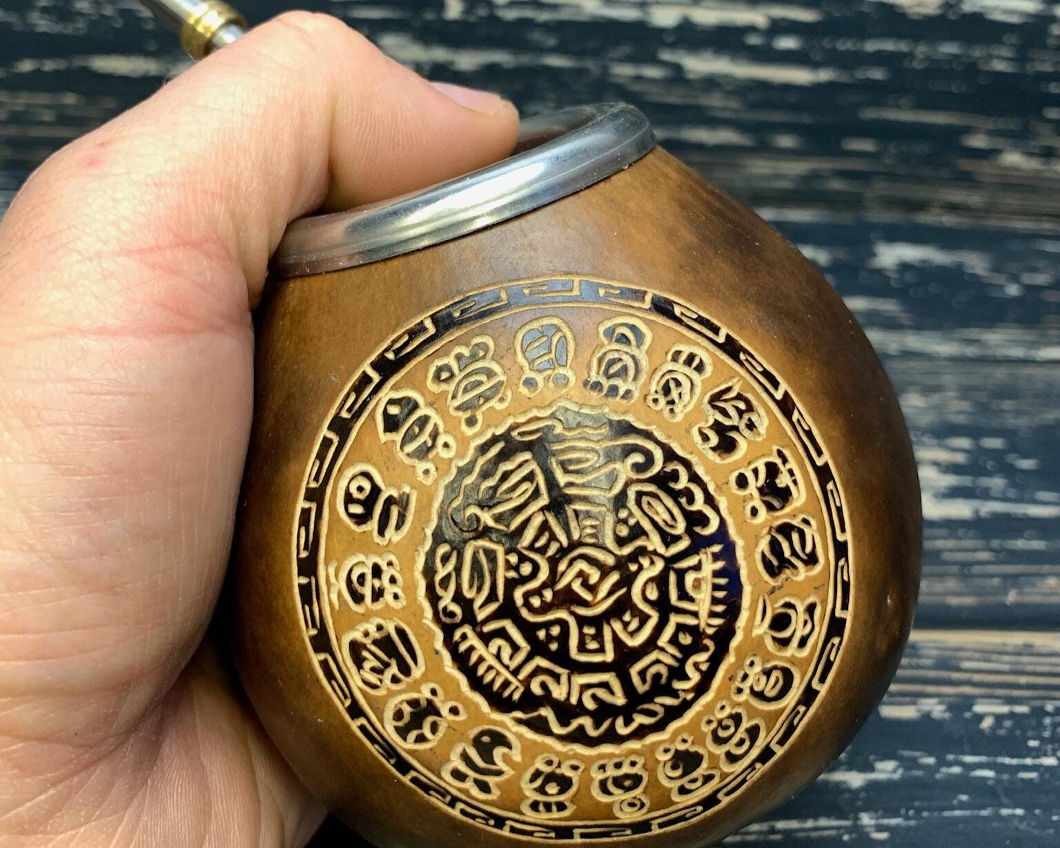 Calabash Mate Cup with Calendar Mandala Engraving