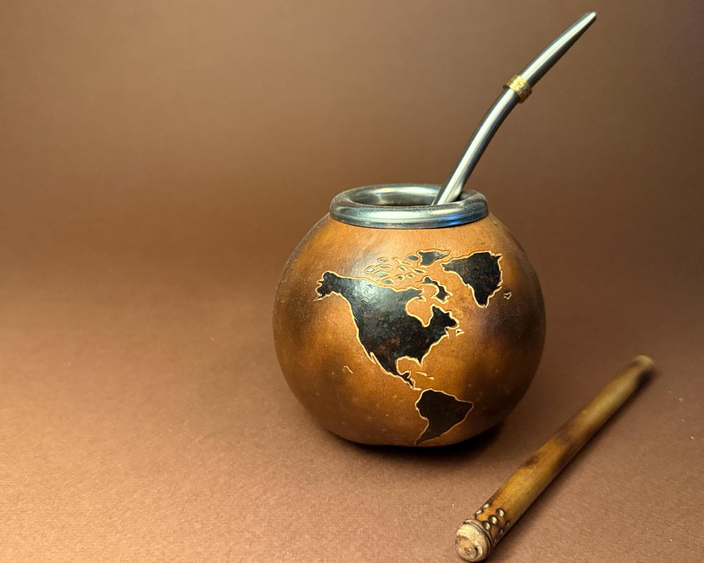 Handmade 400ml Mate Gourd with World Map Engraving