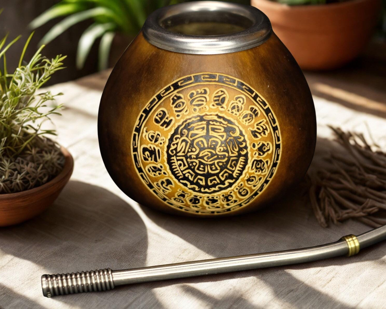 Calabash Mate Cup with Calendar Mandala Engraving