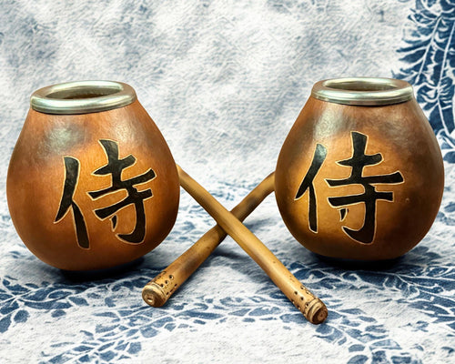 Mate Gourd Pair, Samurai Design, Handmade Calabash Gift Set 侍