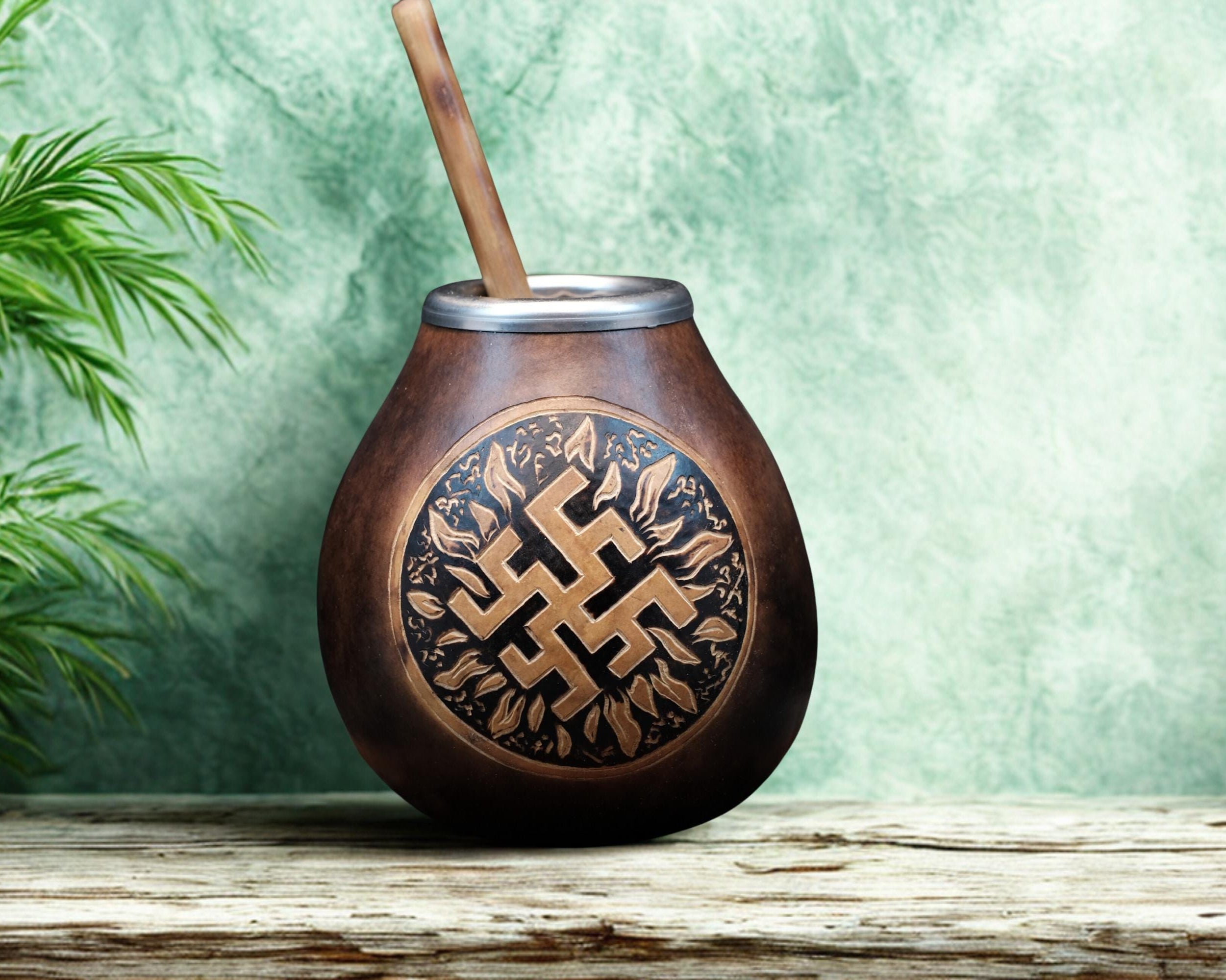 Handcrafted 400ml Calabash Mate Gourd with Slavic Kolovrat Symbol