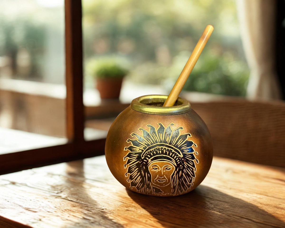 A round brass mate cup with an engraved profile of a figure in a feathered headdress and a light wooden spoon inside, set on a rustic wooden table in warm natural light.