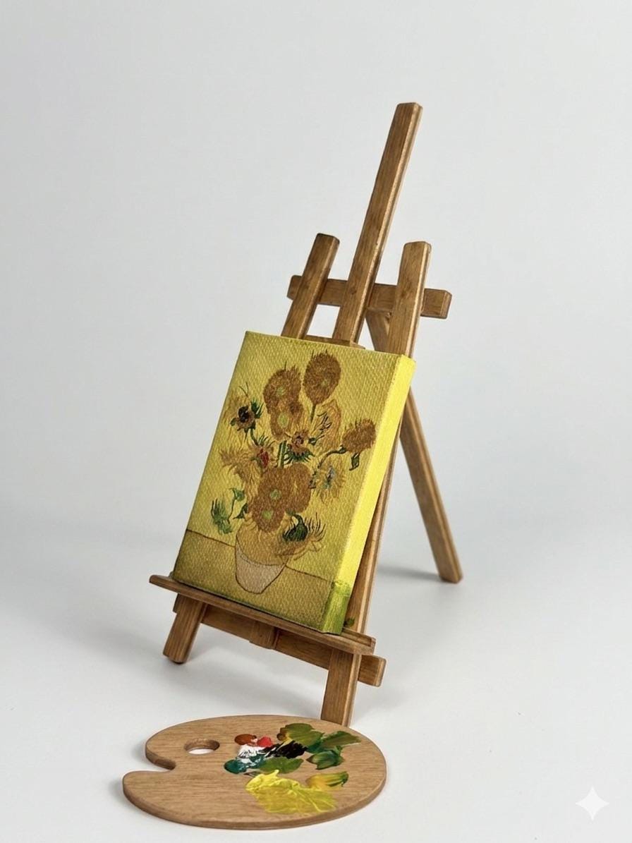 A miniature wooden artist easel holding a small canvas print of Van Gogh's Sunflowers, with a matching miniature paint palette in front, set against a plain light gray background.