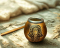 A small decorative metal pot with a hamsa hand design and ornate engraved detailing, shown on a textured fabric surface with a wooden stick beside it and dried grass in the background.