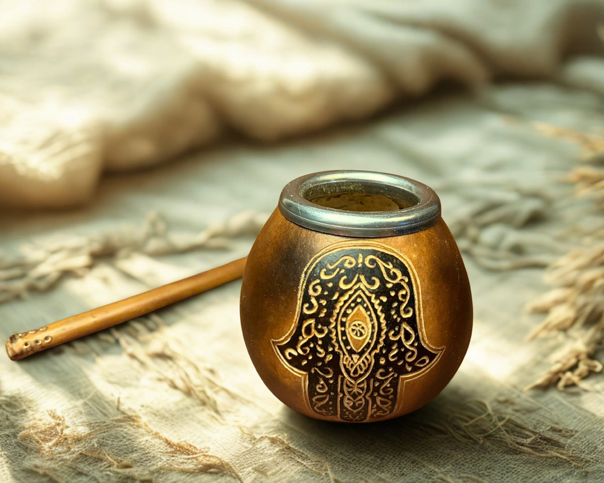 A small decorative metal pot with a hamsa hand design and ornate engraved detailing, shown on a textured fabric surface with a wooden stick beside it and dried grass in the background.