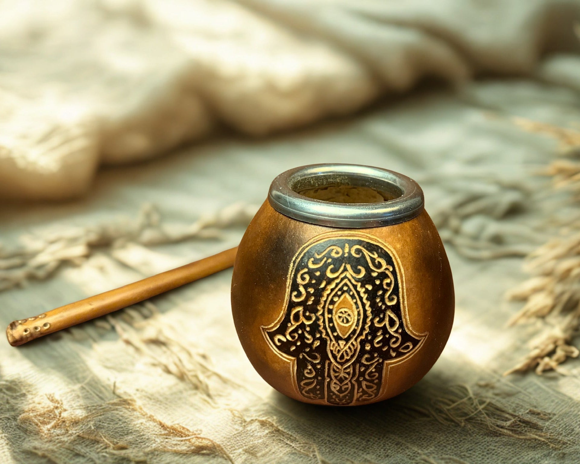 A small decorative metal pot with a hamsa hand design and ornate engraved detailing, shown on a textured fabric surface with a wooden stick beside it and dried grass in the background.