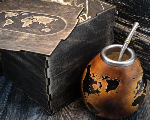 Mate Gift Set, World Map Calabash, Wooden Box & Bombilla