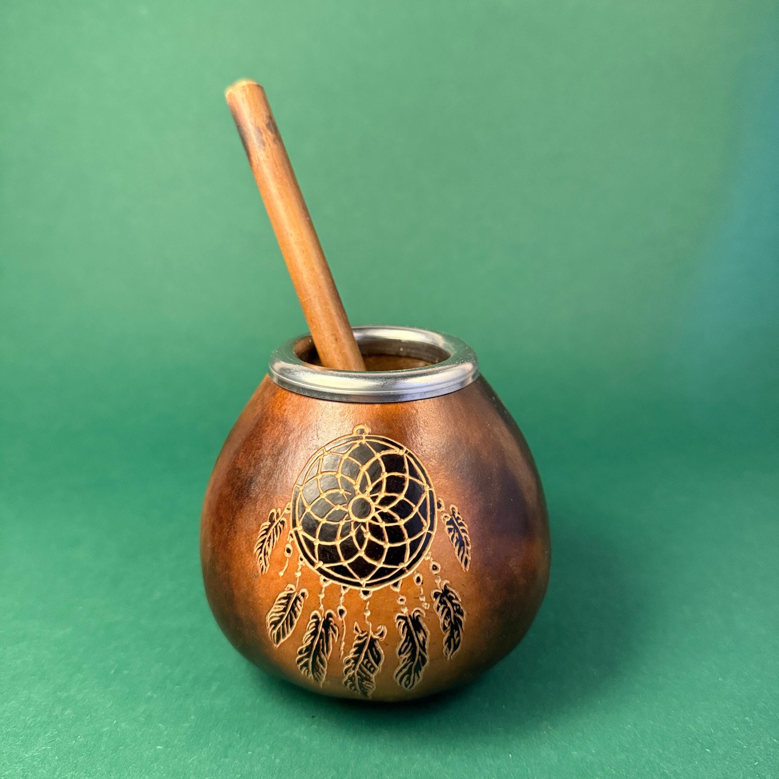 Handmade Yerba Mate Gourd Set – 400ml  with Dreamcatcher Engraving