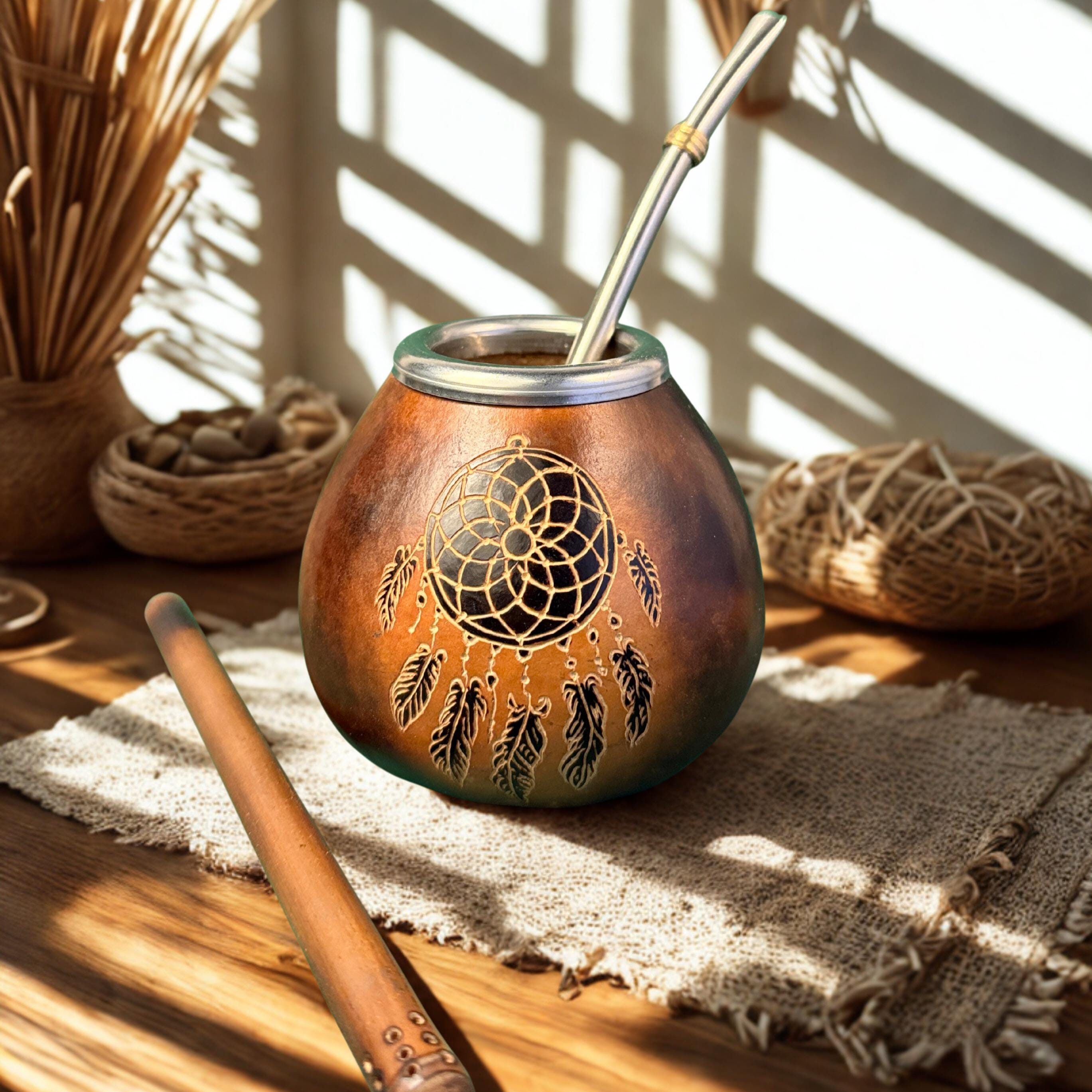 Handmade Yerba Mate Gourd Set – 400ml  with Dreamcatcher Engraving