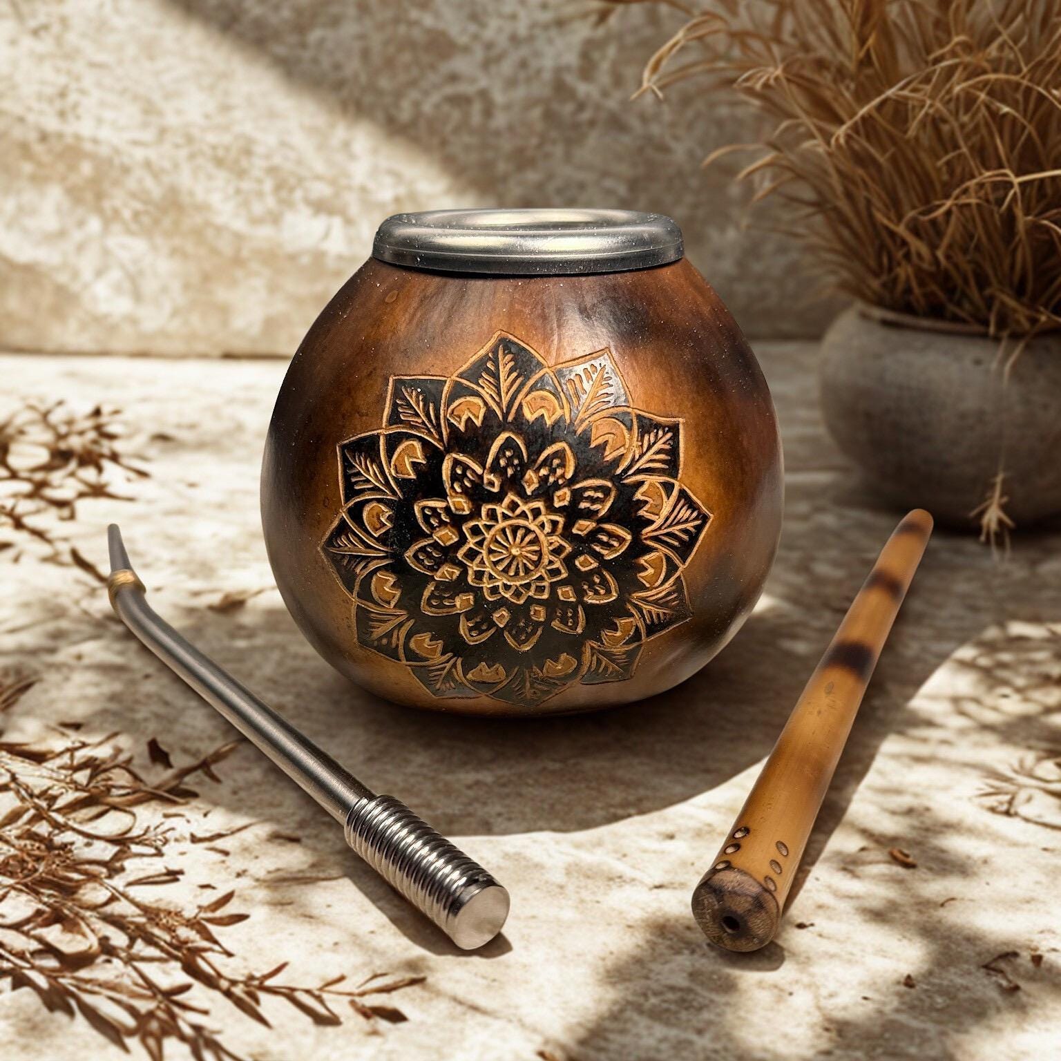 Yerba Mate Gourd Set – 400ml with Mandala Engraving