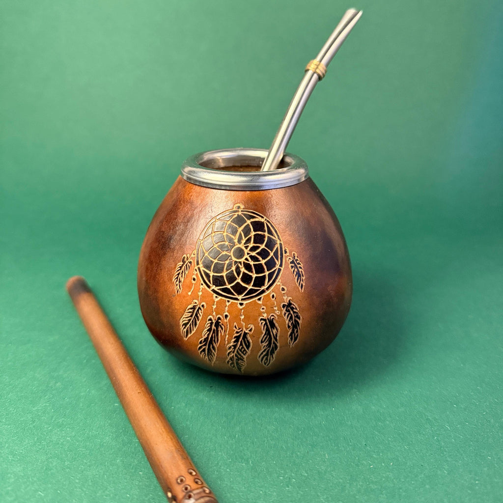 Handmade Yerba Mate Gourd Set – 400ml  with Dreamcatcher Engraving