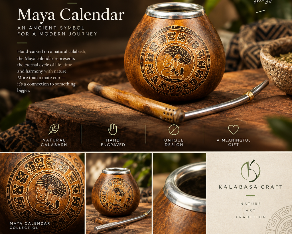 A promotional collage for the Kalabasa Craft Maya Calendar, showing a carved wooden calendar cup with engraved calendar motifs, a wooden spoon, and multiple inset close-ups of the product details and branding on a warm brown background.