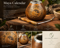 A promotional collage for the Kalabasa Craft Maya Calendar, showing a carved wooden calendar cup with engraved calendar motifs, a wooden spoon, and multiple inset close-ups of the product details and branding on a warm brown background.