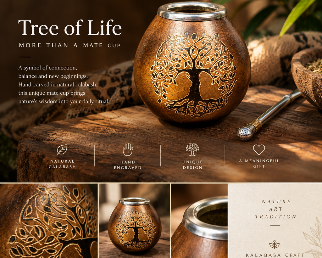 A Kalabasa Craft wooden mate cup with an engraved tree of life design, shown on a rustic wooden surface with a metal scoop nearby. The main product photo is accompanied by feature icons and detail inset images at the bottom, all under the Kalabasa Craft branding