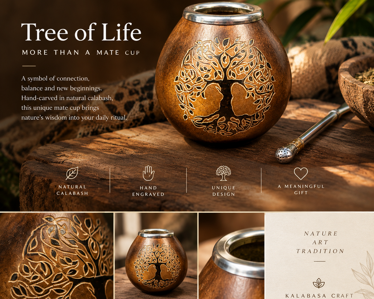 A Kalabasa Craft wooden mate cup with an engraved tree of life design, shown on a rustic wooden surface with a metal scoop nearby. The main product photo is accompanied by feature icons and detail inset images at the bottom, all under the Kalabasa Craft branding